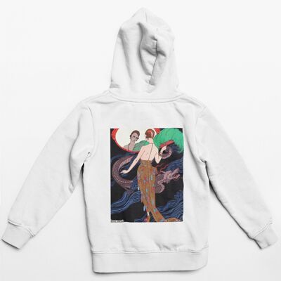Art-Deco Graphic Hoodie. 'Lady with Dragon' in White, Grey and Black. Vintage, Unisex, 1920's Hoody, Aesthetic Trendy Retro 2021