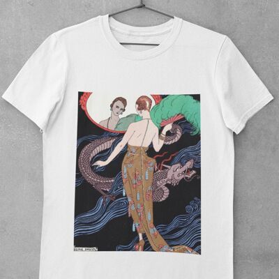 Art-Deco Graphic T-Shirt. 'Lady with Dragon' in White, Grey and Black. Vintage, Unisex, 1920's Tee, Aesthetic Trendy Retro 2022