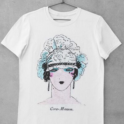 Art-Deco Graphic T-Shirt. 'Blue Lady' in White. Vintage, Unisex, Parisian, 1920's Tshirt, Aesthetic Tee, Retro Trendy 2021 Fashion