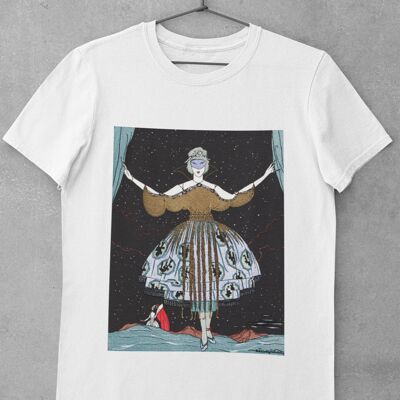 Art-Deco Graphic T-Shirt. 'Lady at Masquerade' in White, Grey and Black. Vintage, Unisex, 1920's Tee, Aesthetic Trendy Retro 2022