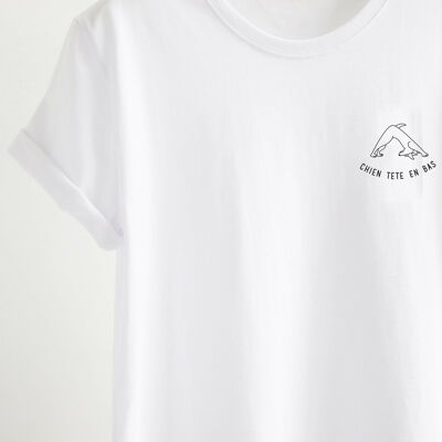 T-Shirt Yoga, Chien tete en bas - brodé  blanc