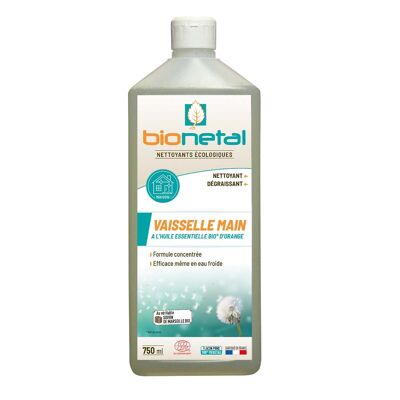 Liquide vaisselle manuelle   Huiles essentielles Orange 750ml  Certifié ECOCERT   Bionetal
Au véritable savon de Marseille BIO