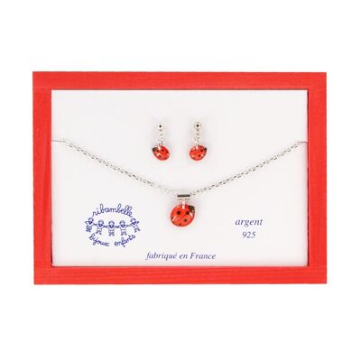 Children's Girls Jewelry - Box of dangling earrings and ladybug necklace