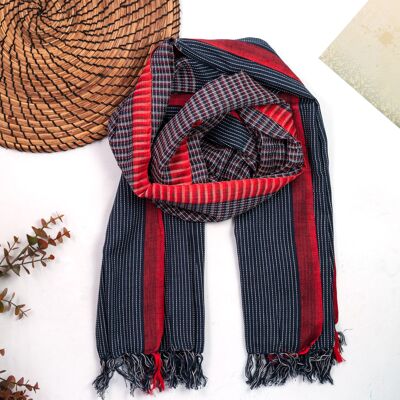 Sciarpa in cotone biologico a righe sottili blu navy e rosse