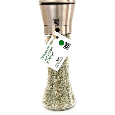 Glass grinder-Stainless steel. Petals of salt with Lemon and Parsley 100g