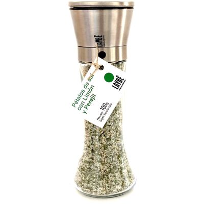 Glass grinder-Stainless steel. Petals of salt with Lemon and Parsley 100g