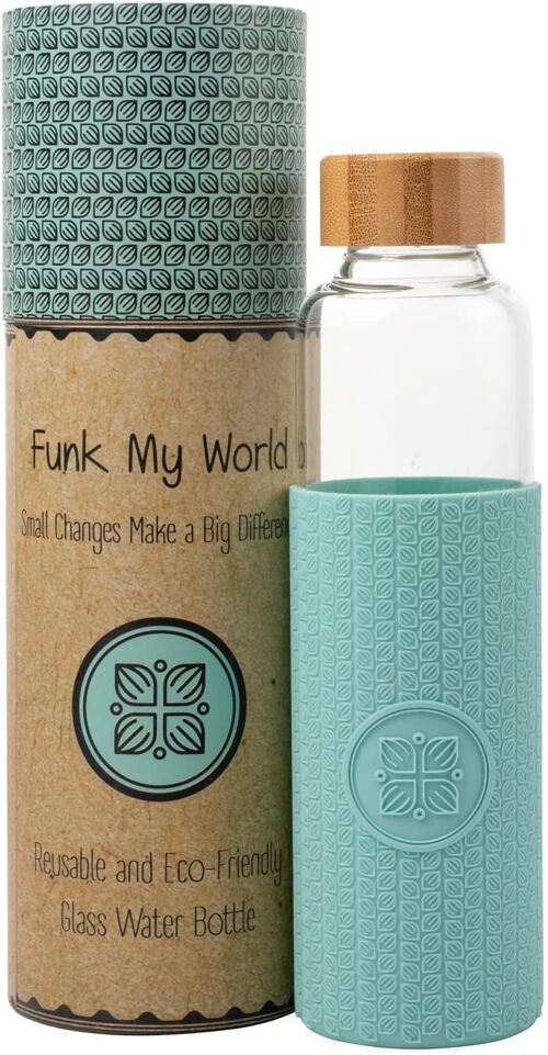 Funk My World BPA Free Water Bottle With Eco Friendly Carry Case, Borosilicate Glass, 550ml Water Bottle Leakproof, 3D Thermal Sleeve 18oz 24 (Duck Egg Blue)
