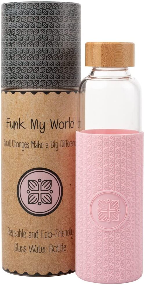 Funk My World BPA Free Water Bottle With Eco Friendly Carry Case, Borosilicate Glass, 550ml Water Bottle Leakproof, 3D Thermal Sleeve 18oz 24 (Pink)