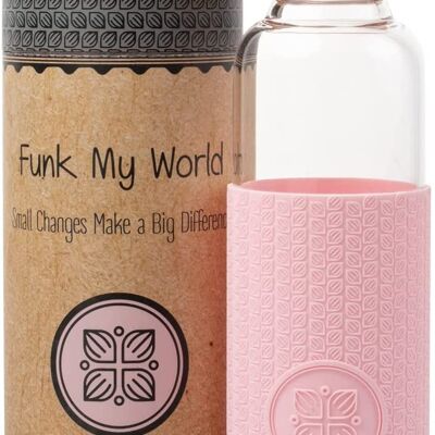 Funk My World BPA Free Water Bottle With Eco Friendly Carry Case, Borosilicate Glass, 550ml Water Bottle Leakproof, 3D Thermal Sleeve 18oz 24 (Pink)