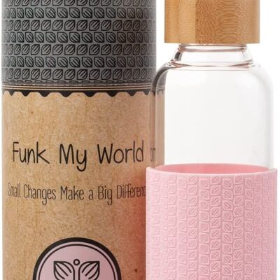Funk My World BPA-freie Wasserflasche mit umweltfreundlicher Tragetasche, Borosilikatglas, 550-ml-Wasserflasche, auslaufsicher, 3D-Thermohülle, 18oz 24 (Rosa)