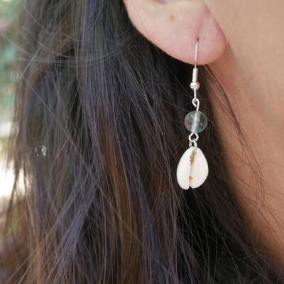 Dangling earrings in Fluorite and Cauri shell