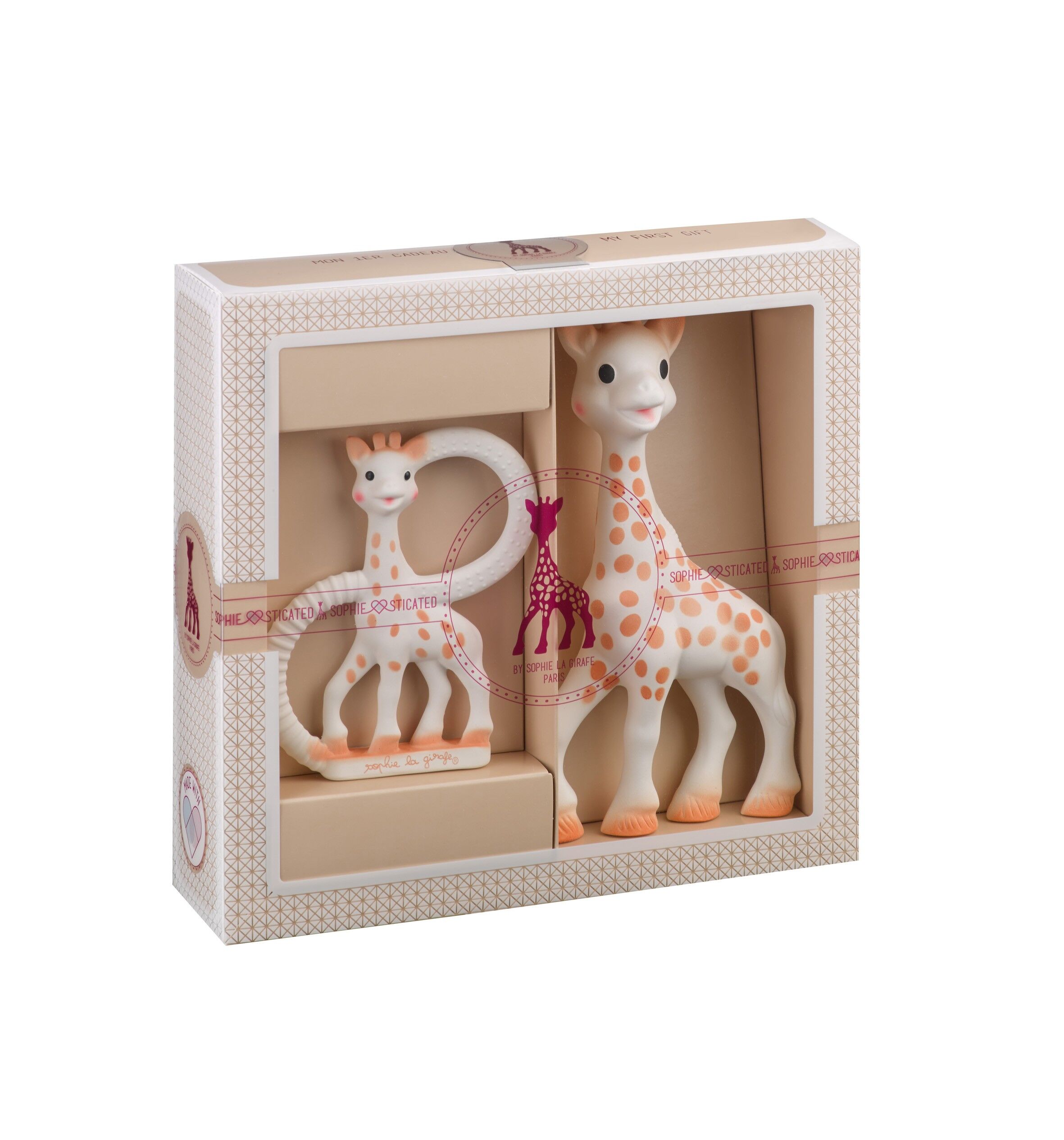 Klassische Kreation - Komposition 1 (Sophie la girafe + Beißring aus 100% Naturkautschuk) Geschenktüte und Karte in der Schachtel zum Kauf