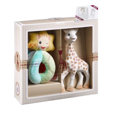 Klassische Kreation - Komposition 2 (Sophie la girafe + Rasselbälle "Sense & Soft")
 Geschenktüte und Karte in der Box zum Kauf