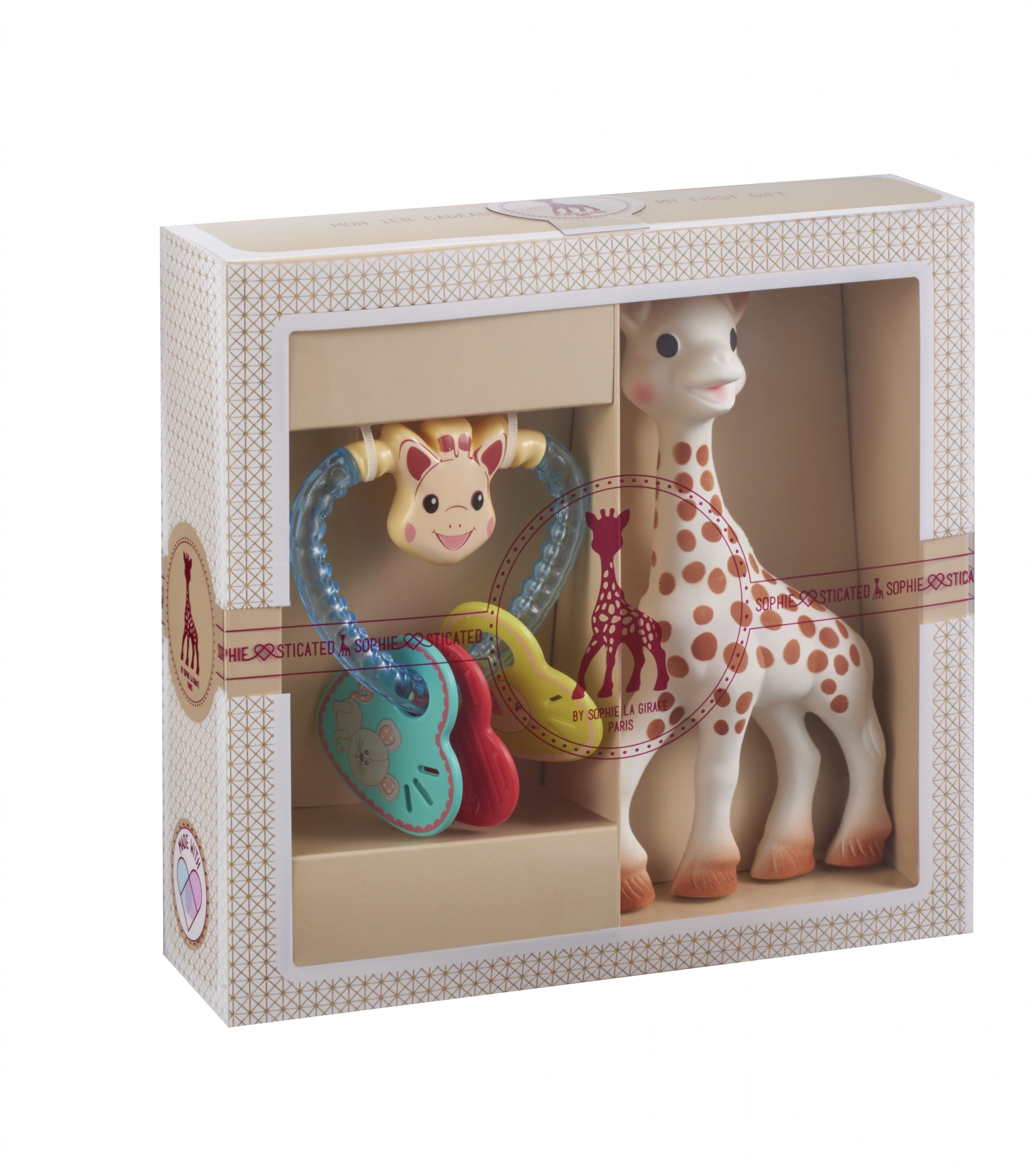Klassische Kreation - Komposition 3 (Sophie la girafe + Herzrassel)
 Geschenktüte und Karte in der Box zum Kauf