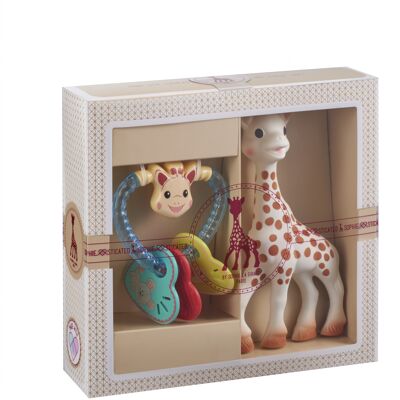 Création classique - composition 3 (Sophie la girafe + Hochet coeur)
 Sac cadeau et carte dans le coffret pour accompagner lors de l'achat