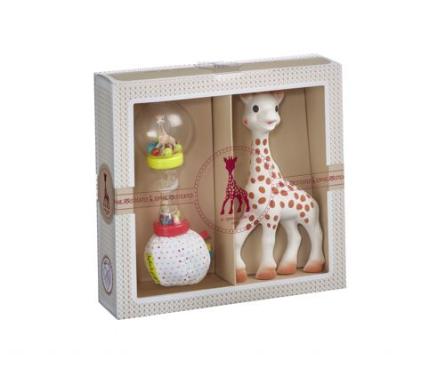 Création classique - composition 4 (Sophie la girafe + Soft maracas) Sac cadeau et carte dans le coffret pour accompagner lors de l'achat