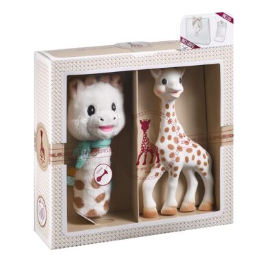 Creazione classica - composizione 5 (Sophie la girafe + Pouet rattle) confezione regalo e card nella scatola da accompagnare durante l'acquisto