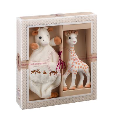 Schöpfungsempfindlichkeit - Komposition 1 (Sophie la girafe + Stofftier mit Schnullerclip) Geschenktüte und Karte in der Schachtel zum Kauf