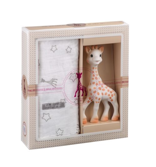 Création tendresse - composition 2 (Sophie la girafe + Lange 120 x 120 cm)
 Sac cadeau et carte dans le coffret pour accompagner lors de l'achat