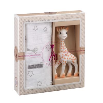 Schöpfungszärtlichkeit - Komposition 2 (Sophie la girafe + Wickel 120 x 120 cm)
 Geschenktüte und Karte in der Box zum Kauf
