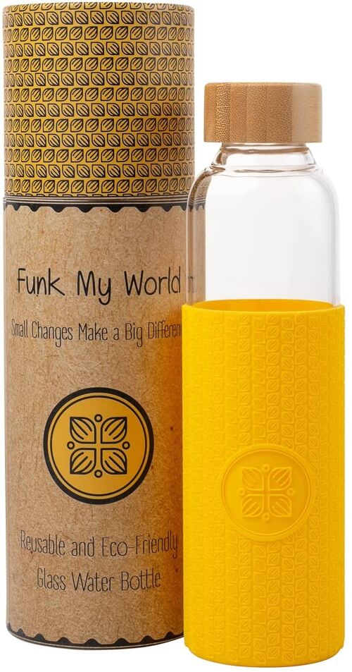 Funk My World BPA Free Water Bottle With Eco Friendly Carry Case, Borosilicate Glass, 550ml Water Bottle Leakproof, 3D Thermal Sleeve 18oz 25 (Yellow)