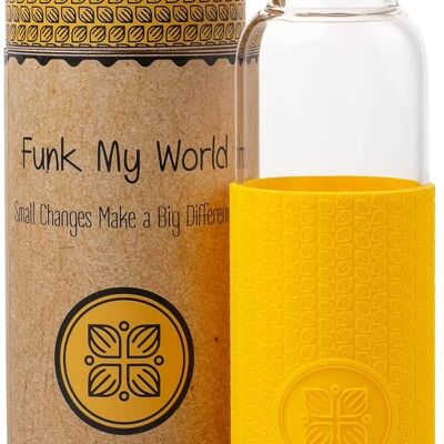 Funk My World BPA Free Water Bottle With Eco Friendly Carry Case, Borosilicate Glass, 550ml Water Bottle Leakproof, 3D Thermal Sleeve 18oz 25 (Yellow)