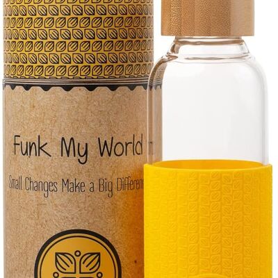 Funk My World Botella de agua sin BPA con estuche de transporte ecológico, vidrio de borosilicato, botella de agua de 550 ml a prueba de fugas, funda térmica 3D 18 oz 25 (amarillo)