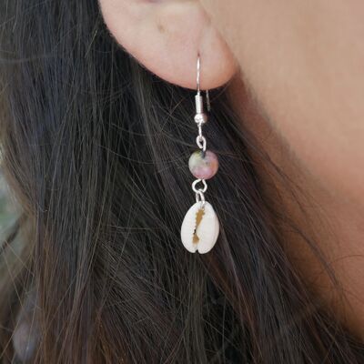 Boucles d'oreilles pendantes en Rhodonite et coquillage Cauri