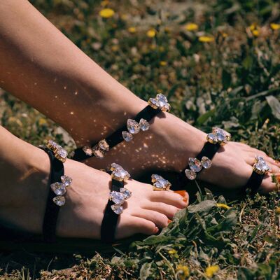 BEA, three-band eri sandals, in leather and jeweled flowers, in real leather and patented comfort sole, made and sewn by hand in Italy