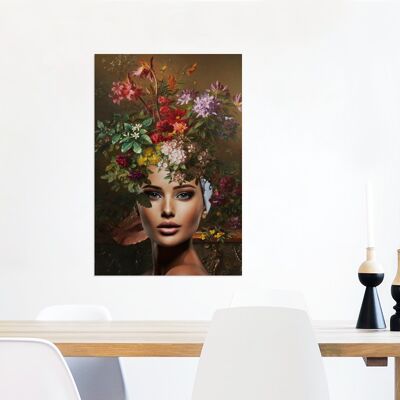 Glasschilderij - 60x90 cm - Vrouw - Bloemen - Kleuren