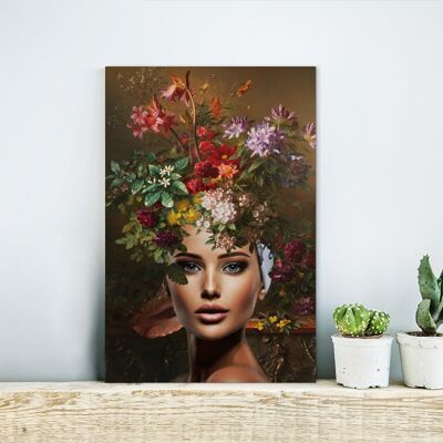 Glasschilderij - 20x30 cm - Vrouw - Bloemen - Kleuren