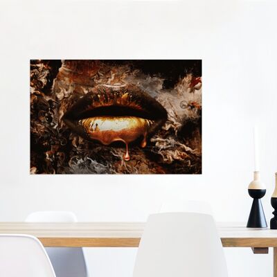 Glasschilderij - 90x60 cm - Goud - Lippen - Rook