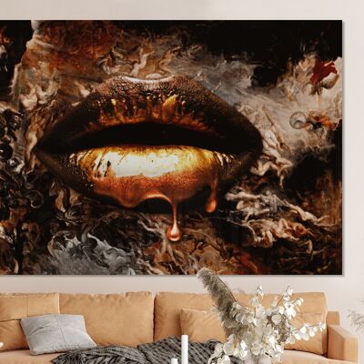 Glasschilderij - 150x100 cm - Goud - Lippen - Rook