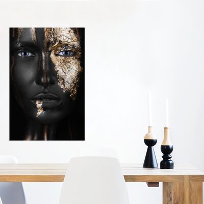 Glasschilderij - 60x90 cm - Vrouw - Bladgoud - Zwart