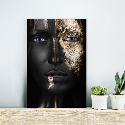 Glasschilderij - 20x30 cm - Vrouw - Bladgoud - Zwart