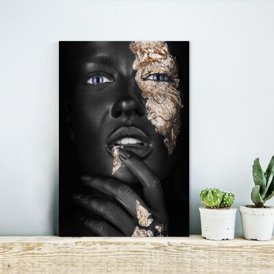 Glasschilderij - 20x30 cm - Vrouw - Bladgoud - Zwart - Huid