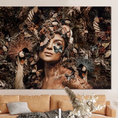 Glasschilderij - 150x100 cm - Vrouw - Vlinder - Vogel