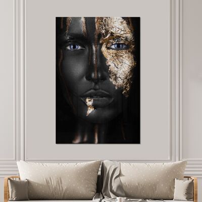 Glasschilderij - 100x150 cm - Vrouw - Bladgoud - Zwart