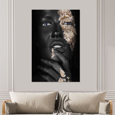Glasschilderij - 100x150 cm - Vrouw - Bladgoud - Zwart - Huid