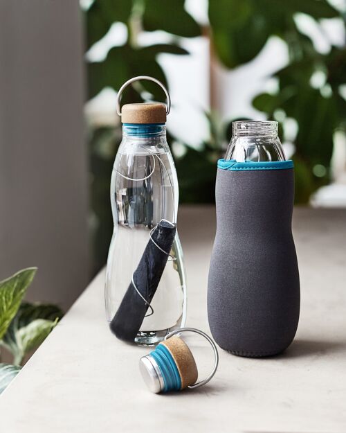 Glass Water Bottle - Hand Blown Glass Water Bottle with Active Charcoal Water Filter & Coil 650ml - Ocean