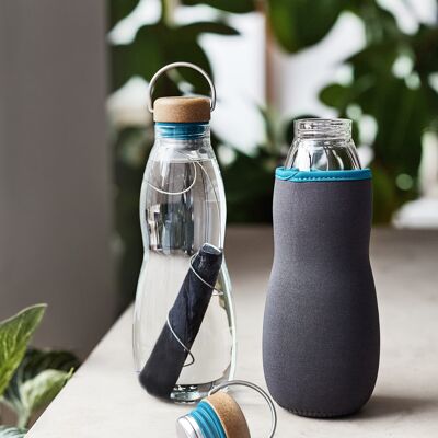 Glass Water Bottle - Hand Blown Glass Water Bottle with Active Charcoal Water Filter & Coil 650ml - Ocean