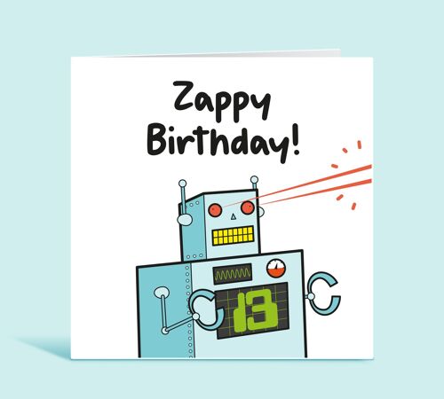 13th Birthday Card, Age 13 Card For Boy, Thirteenth Birthday Card, 13 Year Old Card, Robot Happy Birthday Card for Child, Zappy Birthday , TH119