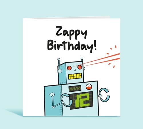 12th Birthday Card, Age 12 Card For Boy, Twelfth Birthday Card, 12 Year Old Card, Robot Happy Birthday Card for Child, Zappy Birthday , TH120