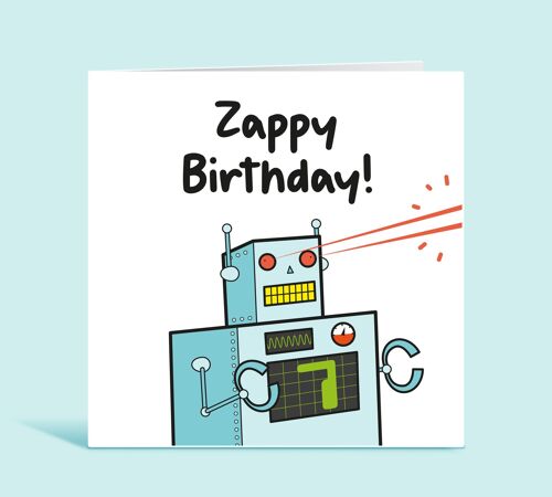 7th Birthday Card, Age 7 Card For Boy, Seventh Birthday Card, Robot Happy Birthday Card for Child, Any Age, Zappy Birthday , TH124