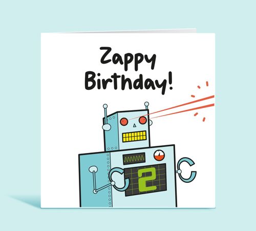 2nd Birthday Card, Age 2 Card For Boy, Second Birthday Card, Robot Happy Birthday Card for Child, Any Age, Zappy Birthday , TH127