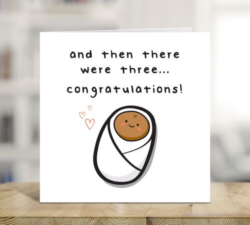 Baby Card, And Then There Were Three, Pregnancy Congratulations Card, Cute Baby News Card, New Parents Card, Baby Announcement , TH303