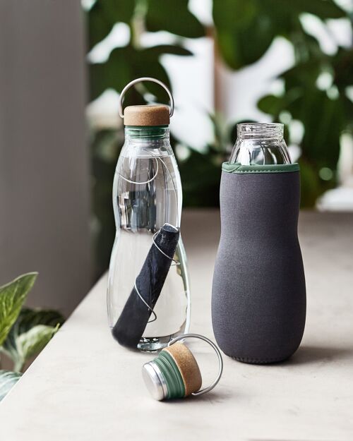 Glass Water Bottle - Hand Blown Glass Water Bottle with Active Charcoal Water Filter & Coil 650ml - Olive