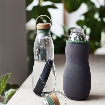 Glass Water Bottle - Hand Blown Glass Water Bottle with Active Charcoal Water Filter & Coil 650ml - Olive