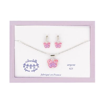 Joyería Infantil Niña - Caja de pendientes colgantes y collar mariposa de plata 925