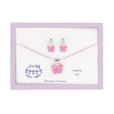 Children's Girls Jewelry - Box of dangling earrings and 925 silver butterfly necklace